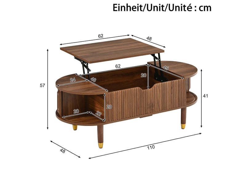  Table basse ovale 110x48x57 cm, plateau relevable, porte coulissante, rangement, mdf pieds bois d’hévéa, noyer  - Conforama C