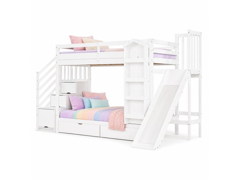 Lit superposé enfant 2 places 90×200 cm, toboggan, 2 tiroirs et escalier rangement - sans matelas, bois blanc - Conforama A