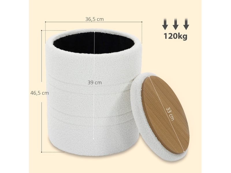  Pouf de rangement rond 36,5x36,5x46,5 cm avec couvercle réversible en mdf blanc  - Conforama C