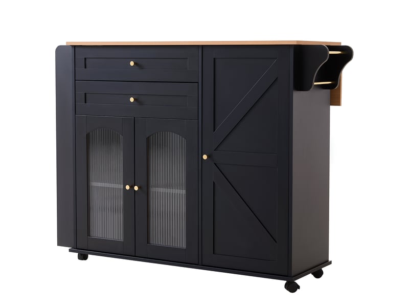  Îlot de cuisine mobile plan rabattable et rangements - lpospi - roulettes freinées, panneaux de particules noir et naturel 110 cm  - Conforama A