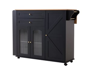Îlot de cuisine mobile plan rabattable et rangements - roulettes freinées, panneaux de particules noir et naturel 110 cm