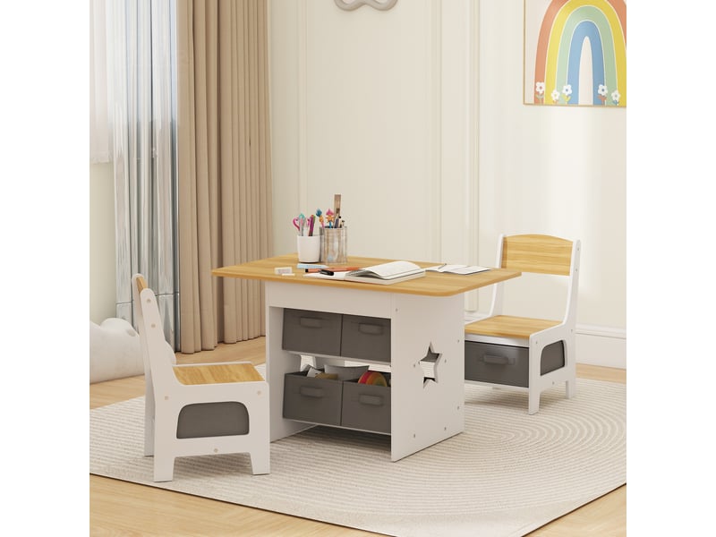 Table enfant avec 2 chaises et 6 tiroirs en tissu, motif étoiles, pour garçons et filles de 3 à 8 ans, couleur naturelle - Conforama C