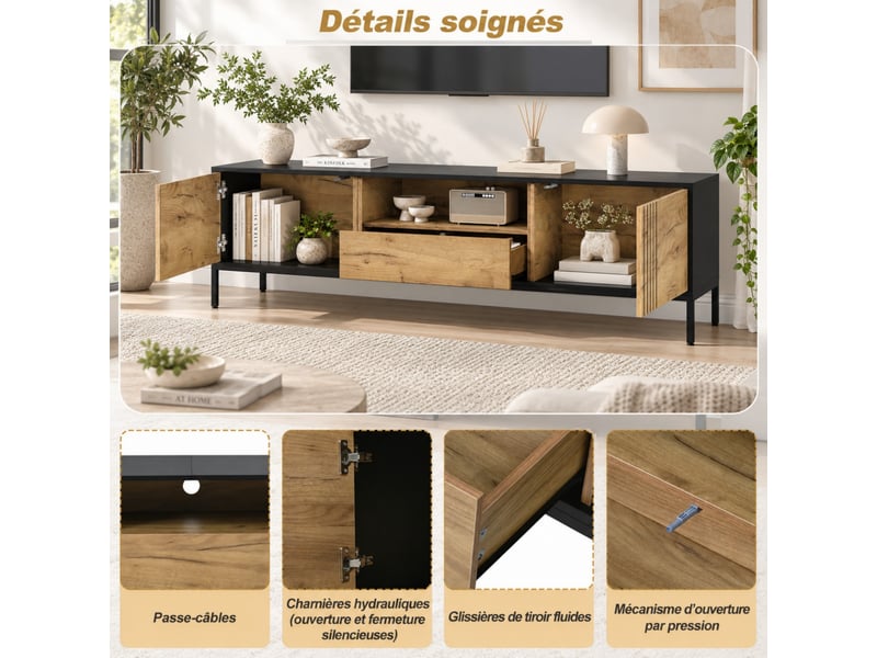  Meuble tv 170 cm décor bois et noir avec 2 portes, 1 tiroir et niches ouvertes, pour tv jusqu’à 70 pouces  - Conforama E