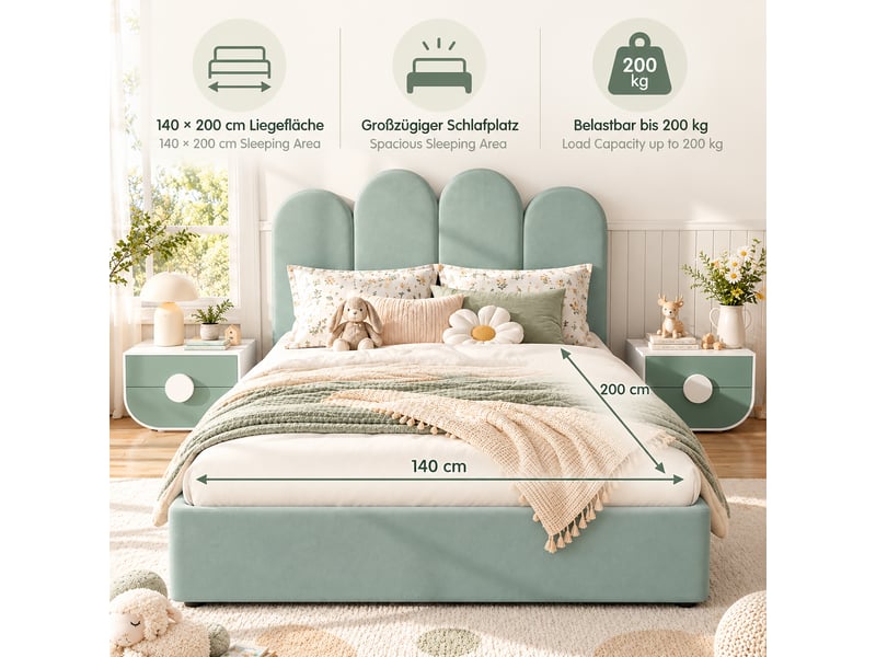  Lit double 140x200 cm en velours vert clair avec tête de lit arquée et 4 tiroirs de rangement, style moderne.  - Conforama E