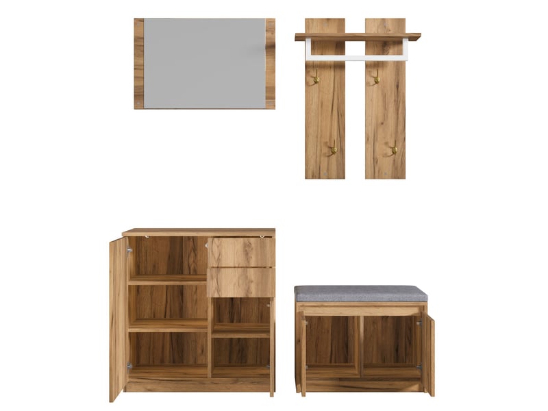  Meuble à chaussures, combinaison de couloir pratique avec miroir, barre, patères, armoire et banc à chaussures, led intégrée, 130x35x124,5 cm, teinte naturelle  - Conforama E