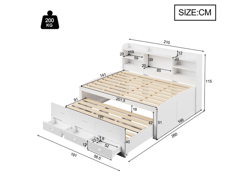  Lit banquette blanc 140x200 cm avec lit gigogne - led, 3 tiroirs et ports usbtype-c  - Conforama C