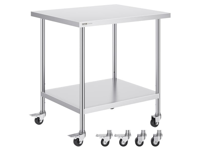 Vevor table de travail en acier inoxydable 76,2 x 91,4 x 95,5 cm, table de preparation des aliments avec 4 roulettes, 3 niveaux de hauteur reglables, meuble de rangement, pour restaurant maison bar  - Conforama A