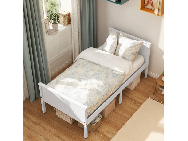  Cadre de lit 90 x 200 cm, assemblage facile, lit simple en bois massif avec sommier à lattes tête et pied inclus, blanc  - Conforama D