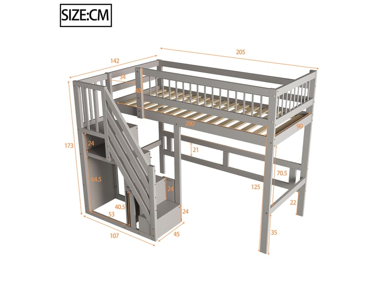  Lit mezzanine 90x200cm coloris gris bois massif lit enfant gris - Conforama C