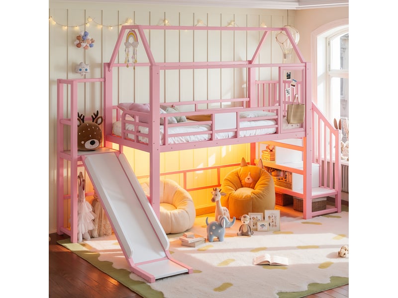 Lit mezzanine enfant 90x200 cm en métal rose avec toboggan, escalier et led - Conforama B