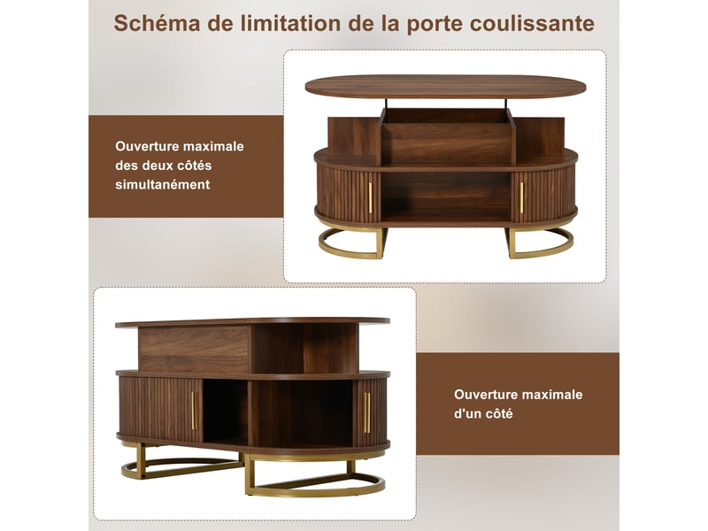  Table basse ovale, réglable en hauteur, en mdf, avec rangement et porte coulissante. Structure en tube d'acier et poignée en alliage de zinc.  - Conforama D