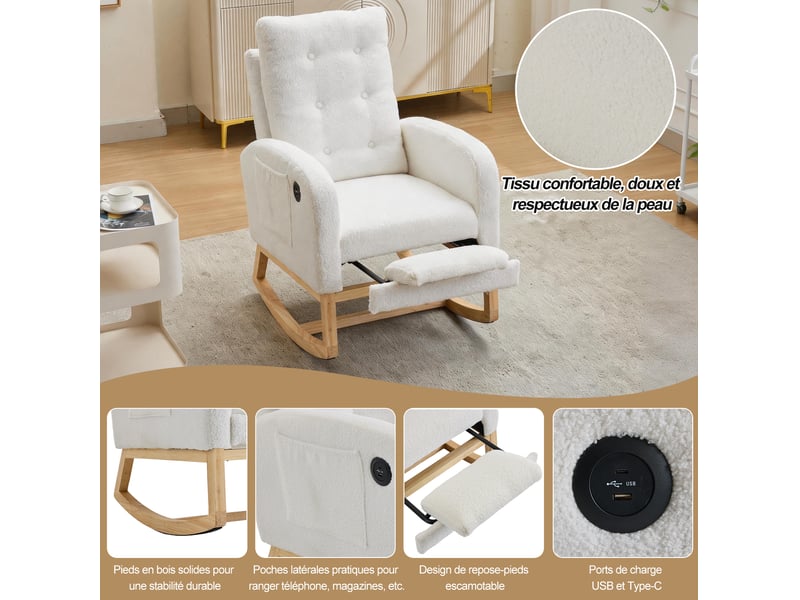  Fauteuil à bascule 66,5x121,5x102 cm, ports usb, repose-pieds et dossier réglables, poches latérales, tissu bouclé, blanc  - Conforama D