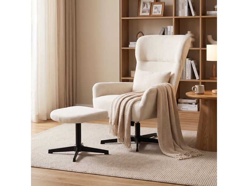 Fauteuil lounge pivotant à 360° avec repose-pieds, réglable en hauteur, revêtement en chenille, avec coussin lombaire, blanc crème - Conforama D