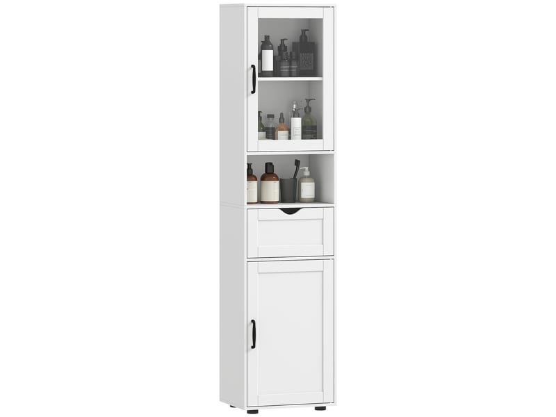 Colonne de salle de bain étroite avec porte vitrée, étagères réglables, tiroir et compartiment ouvert, 40 x 30 x 165 cm, blanche - Conforama A