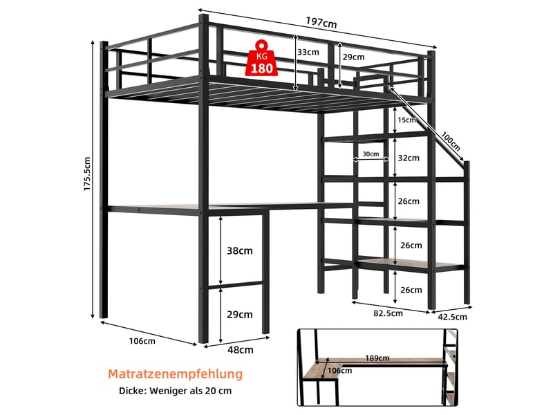  Lit mezzanine 90x190 cm avec bureau en l et escalier, métal, noir, sans matelas  - Conforama C