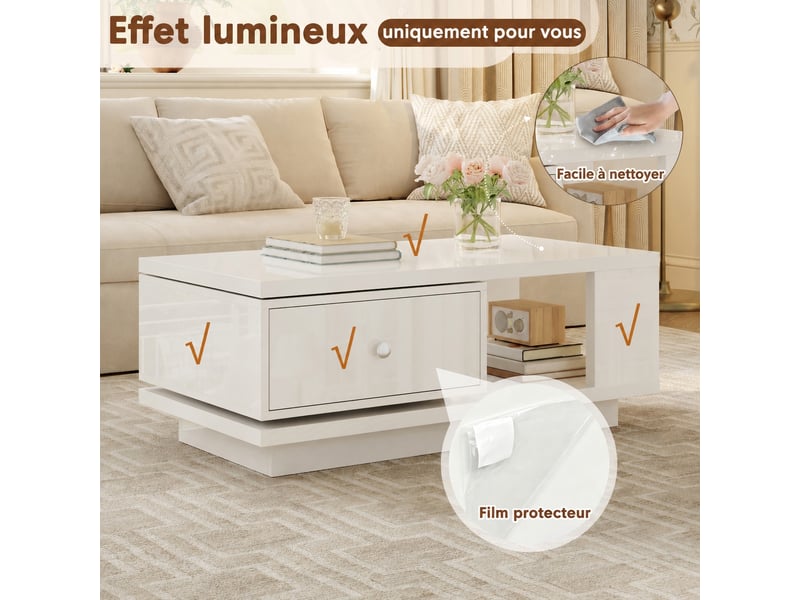  Table basse blanche brillante avec tiroir pivotant, 90 x 48 x 35 cm  - Conforama D