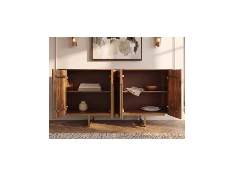  Buffet orion 160 cm en bois massif de manguier – 4 portes rainurées et piètement doré  - Conforama D