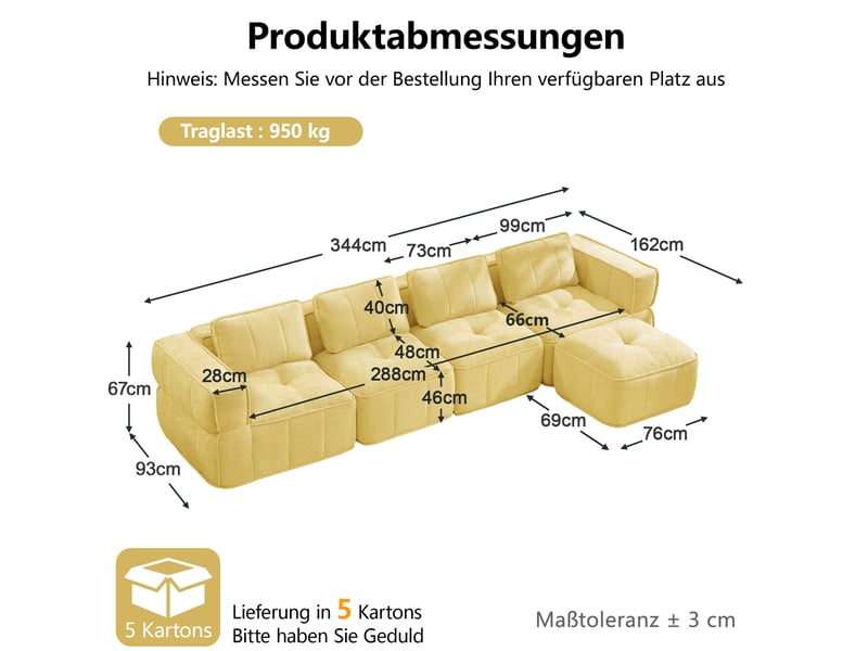 Canapé d'angle modulable 4 places modenvie avec pouf, design sans cadre, 344 x 162 x 67 cm, mousse 32d haute densité, tissu polyester jaune - Conforama C