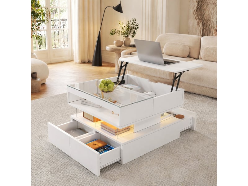  Table basse relevable blanche avec plateau en verre transparent et éclairage led 16 couleurs - 70 x 67 x 57 cm  - Conforama B