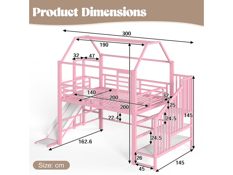 Lit mezzanine 140x200 cm, structure en métal et bois, coloris rose, rangements intégrés, led via bluetooth, escalier sécurisé, garde-corps, toboggan - Conforama C
