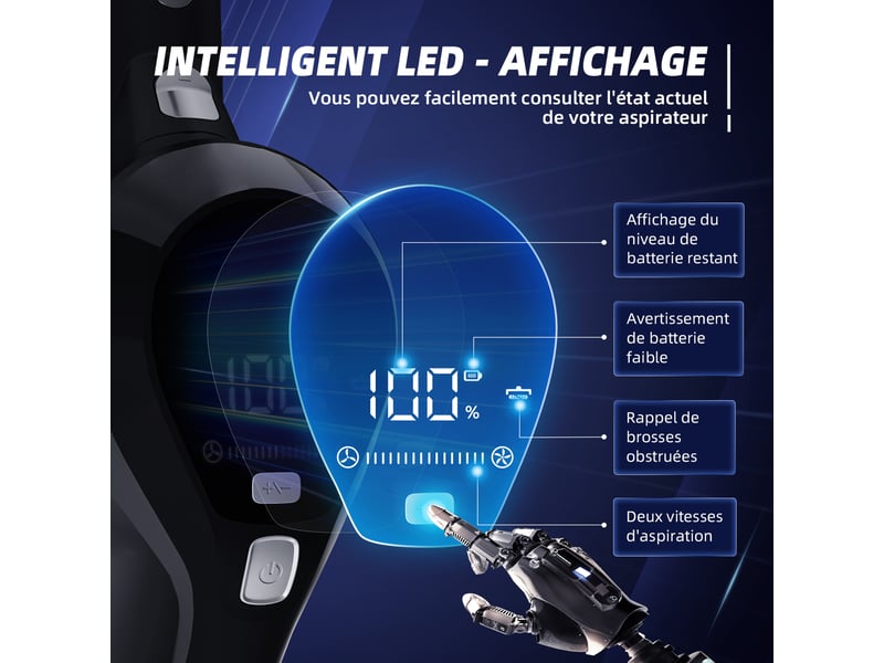  Aspirateur balai sans fil led anti-poussière,6000pa 60 min, 1.8 l, idéal solstapispoils d’animaux, tuyau multi-usage  - Conforama B