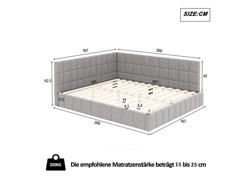 Lit banquette enfant rembourré 160 x 200 cm avec sommier à lattes, velours, gris Fay Lum - Conforama C