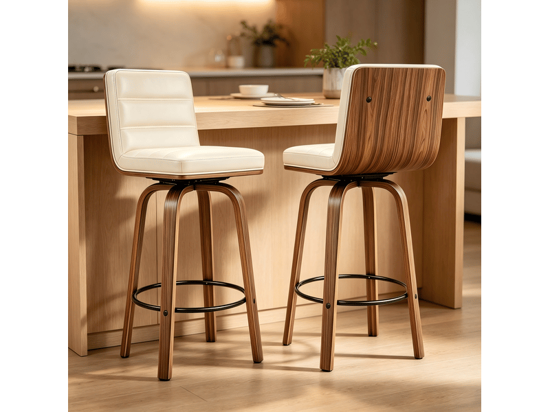  Tabouret de bar pivotant en pu avec pieds en bois courbés - chaise design pour cuisine, bar et comptoir  - Conforama C