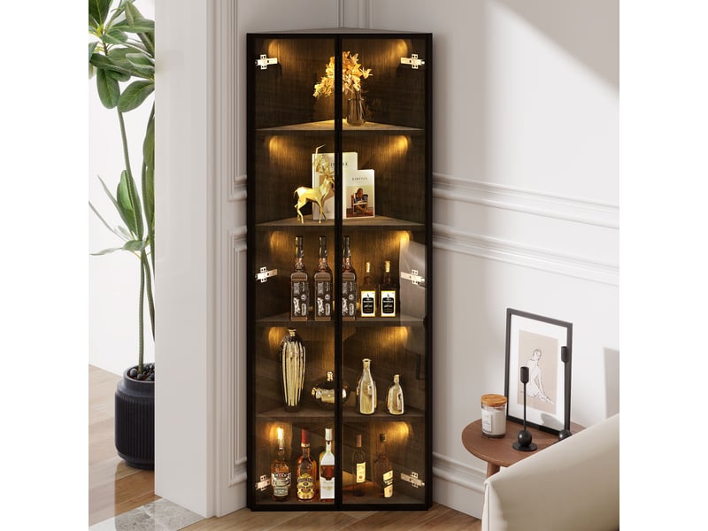  Vitrine d’angle led 62 × 35 × 160 cm, avec 2 portes en verre trempé, étagères ouvertes, meuble de rangement, noir, format compact, finition soignée CARDUME ESTIVAL - Conforama B
