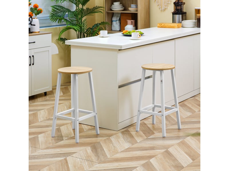 Lot de 2 tabourets de cuisine hauts avec assise en mélamine et pieds en acier 32,5 x 32,5 x 65 cm, coloris naturel et blanc  - Conforama C