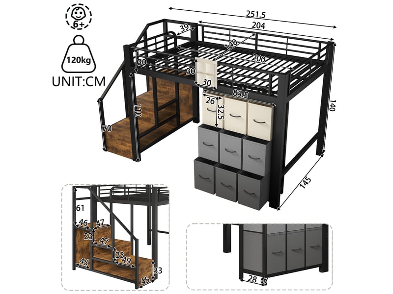  Lit mezzanine 140x200 cm avec tiroirs, penderie, garde-corps et escalier de rangement mdf métal noir sans matelas  - Conforama C
