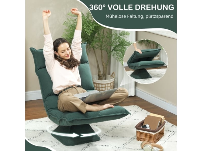 Fauteuil de sol pivotant 360° vert, dossier réglable 5 positions, pliable et rembourré  - Conforama E