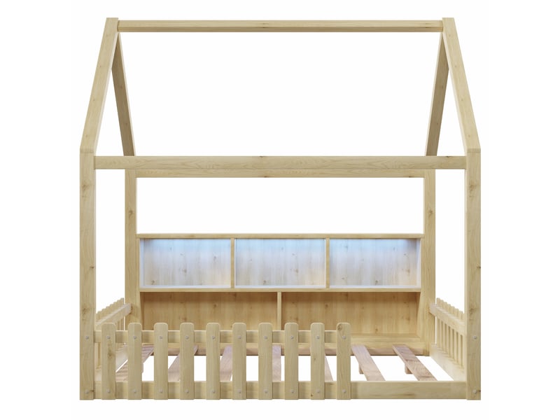  Lit enfant au sol blanc 140x190 cm maison en pin, barrières, led et rangements  - Conforama A