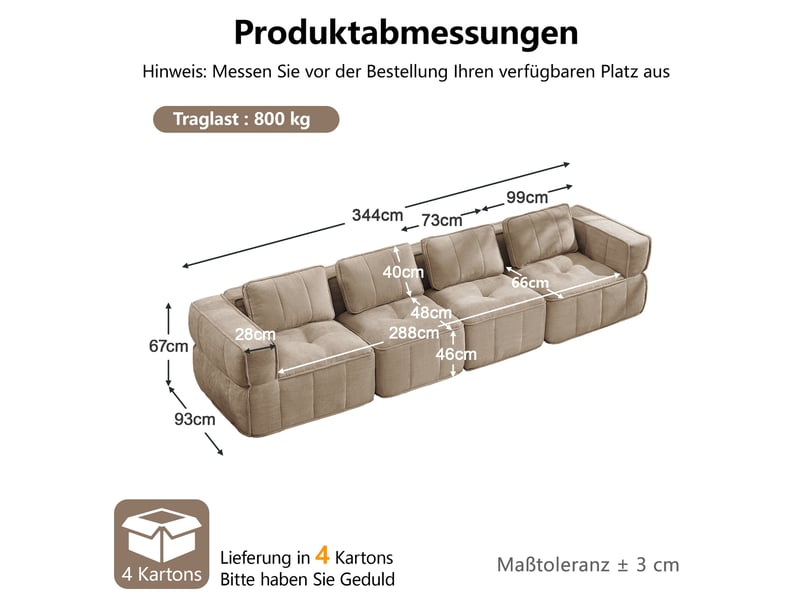  Canapé modulaire 4 places sans structure rigide avec base antidérapante en polyester sable, 344 × 93 × 67 cm  - Conforama C