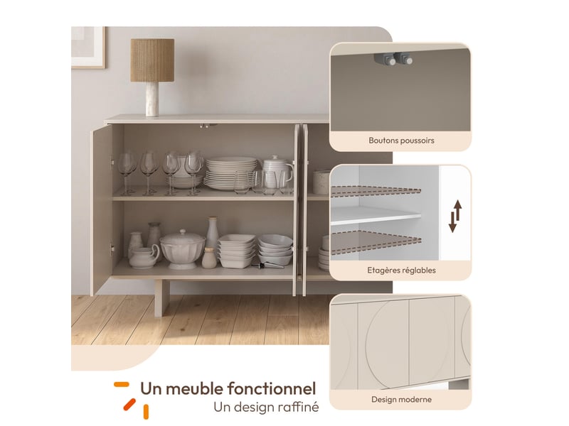  Buffet 160 cm arvin 4 portes avec reliefs arrondis bois coloris beige  - Conforama C