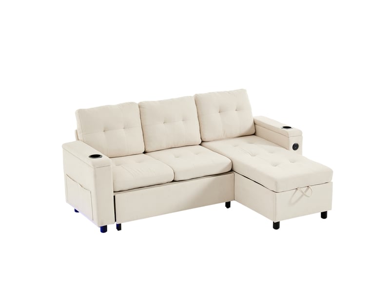  Canapé d'angle convertible 3 places 208 x 146 cm – beige – rangement, led et ports de charge intégrés  - Conforama D