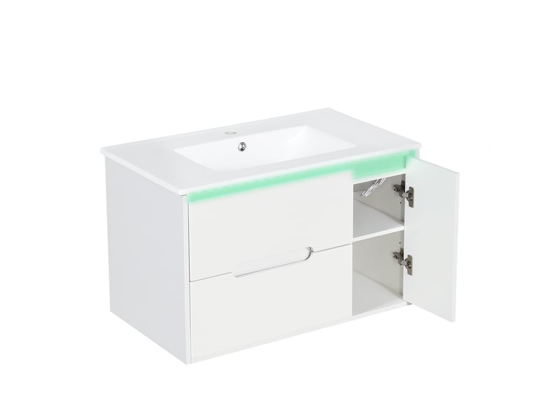  Meuble vasque mural blanc 81 cm avec lavabo céramique, led, portes soft-close et étagères réglables  - Conforama E