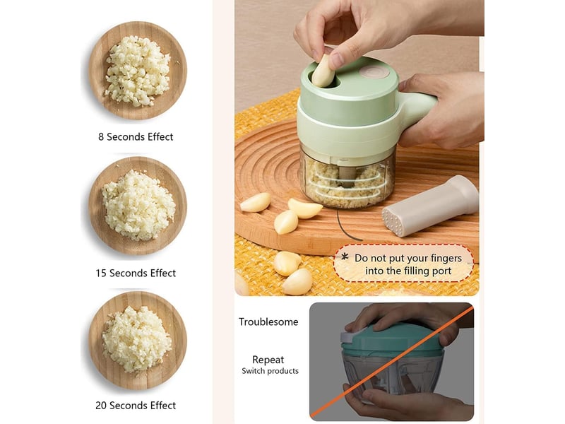 Ensemble de coupe-légumes électrique portable 4 en 1 hachoir à ail électrique multifonctionnel pour chili gingembre poivre oignons  - Conforama D
