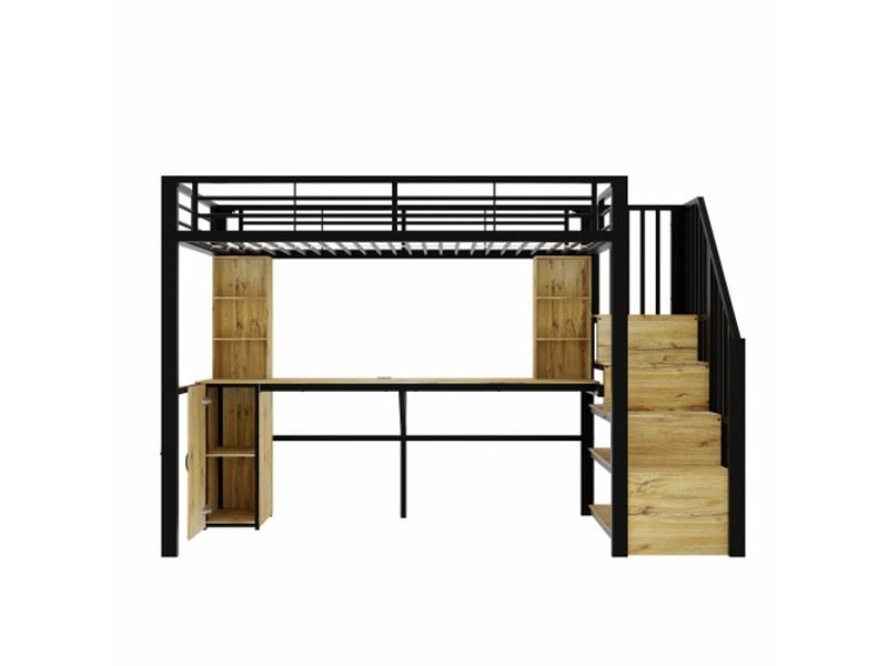  Lit mezzanine métal noir 90x200 cm, bureau intégré, rangements, placard, escalier de rangement et usb, sans matelas  - Conforama A