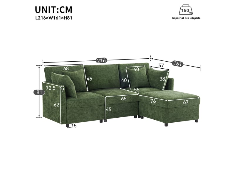  Canapé d'angle modulable convertible en 3 places avec pouf mobile et 4 coussins en chenille vert  - Conforama C