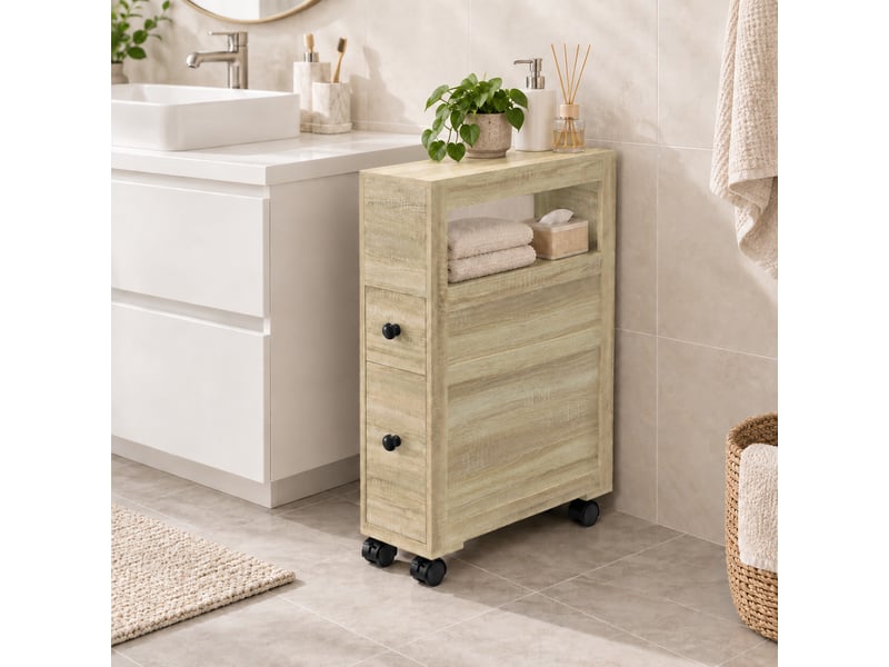  Rangement wc mobile sur roulettes - 2 tiroirs, niche - naturel  - Conforama B