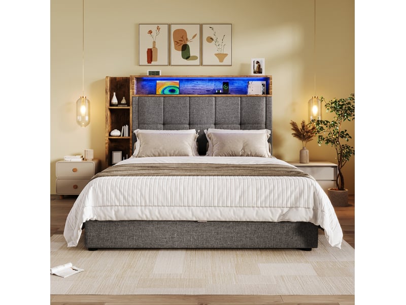 Lit coffre enfant 90x200cm style minimaliste rangement led tactile usb type-c tête capitonnée lin mdf gris sans matelas - Conforama R
