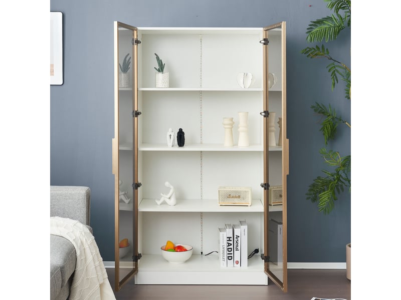 Ensemble de deux vitrines blanches pour salon, portes vitrées marron, éclairage led bluetooth, étagères réglables et 2 tiroirs - Conforama W