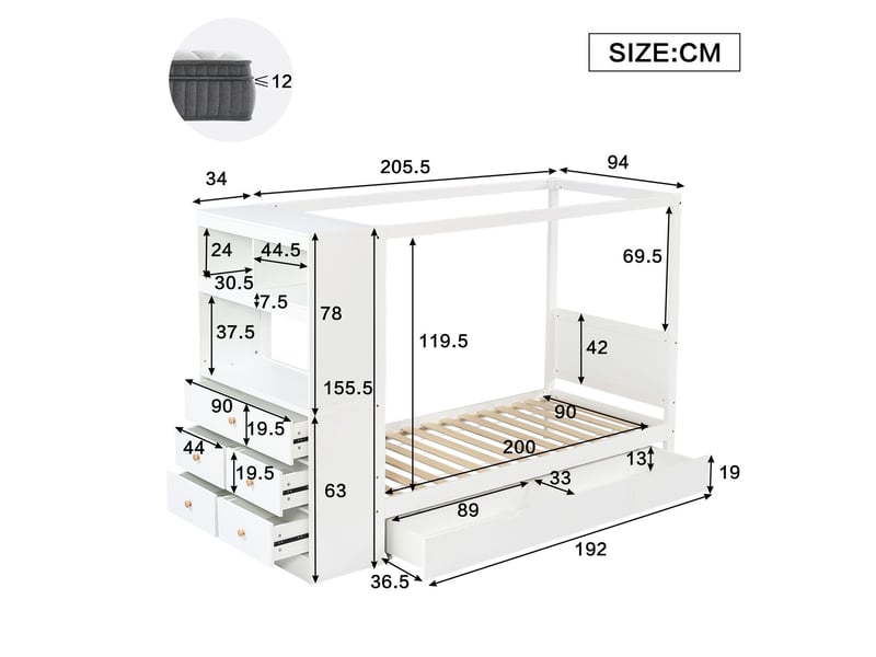 Lit avec tiroirs 90 x 200 cm rangement généreux 5 tiroirs tiroir à roulettes barrière de sécurité cadre en pin et pb blanc et naturel - Conforama C
