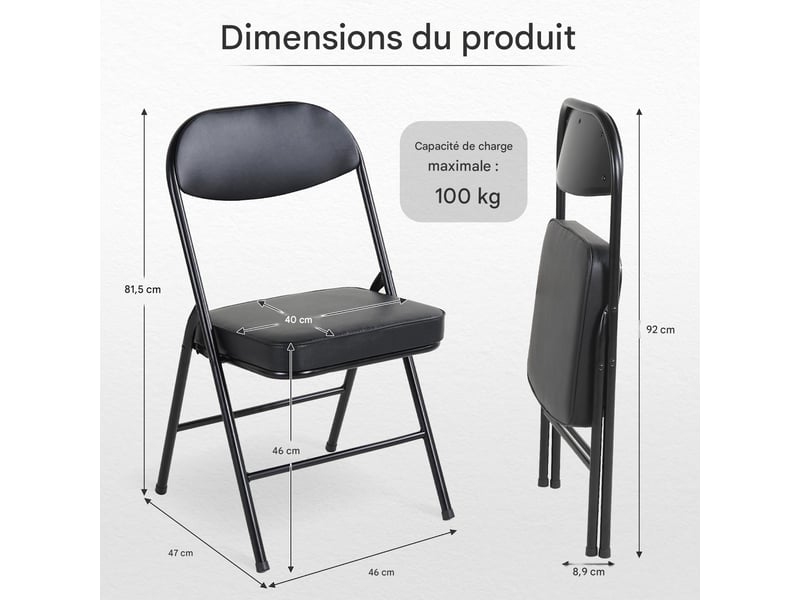  Lot de 4 chaises pliantes en similicuir pu noir, structure en acier W3050P415538 - Conforama C