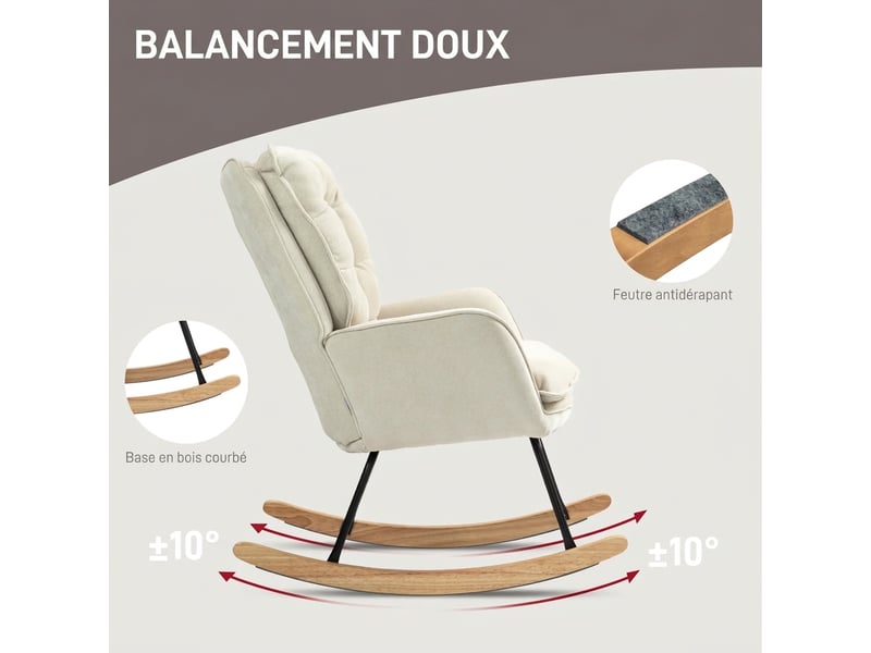  Fauteuil à bascule beige en tissu chenille avec dossier ergonomique, fauteuil d'allaitement confortable 120 kg max  - Conforama R