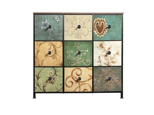 Commode de rangement, 100x30x86.5 cm, 9 tiroirs en tissu, cadre en métal, plateau en bois, style vintage, multicolore