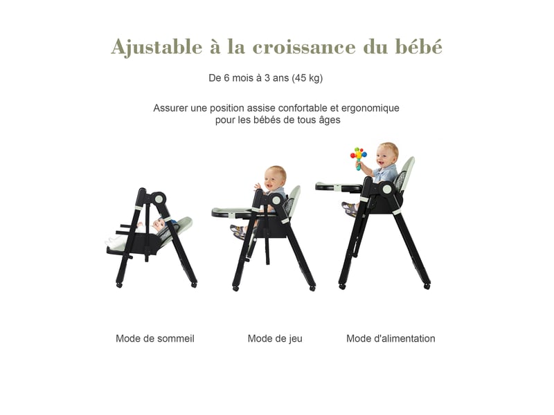  Chaise haute bébé 2-en-1 vert foncé avec fonction balancement harnais 5 points roues freinables plateau amovible pliable et réglable en hauteur  - Conforama E