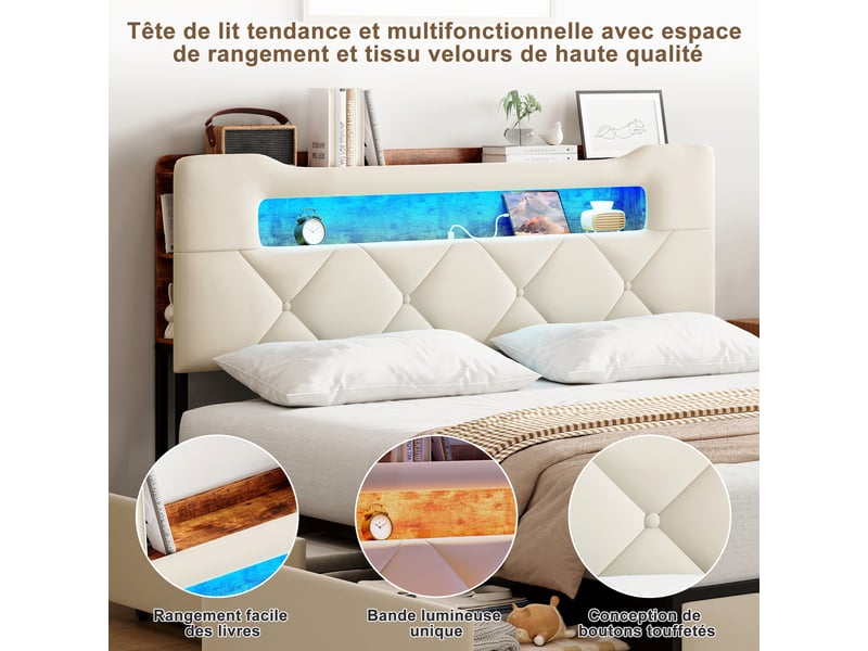  Lit 140x190, pocketpop, tête capitonnée led, 4 tiroirs, 2 usb + type-c, sommier à lattes, velours beige  - Conforama E