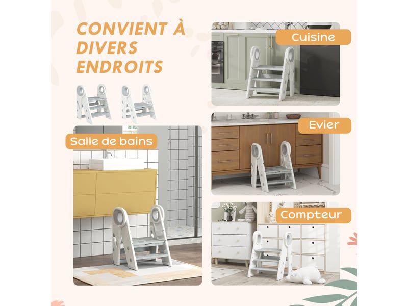  Marche pied pour enfant 3 marches, marchepied de cuisine pour enfant, pliable, gris, hauteur ajustable de 2 à 3 marches  - Conforama W