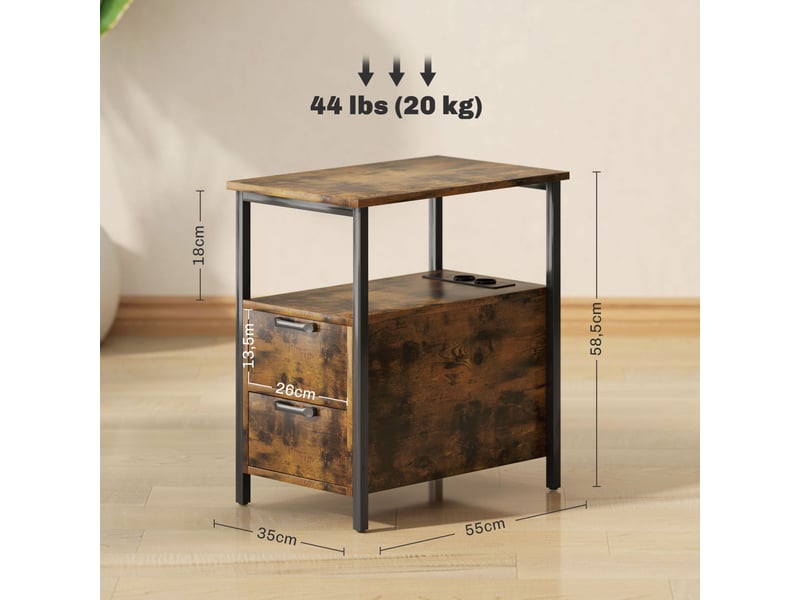  Table d'appoint 55x35x58,5 cm avec station de charge, 2 tiroirs, panneau de particules mélaminé, marron  - Conforama E